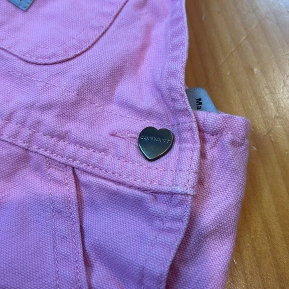 CARHARTT 9M Baby Girl Pink Corduroy Overalls Classic Bib Style Heart Buttons - Picture 3 of 5